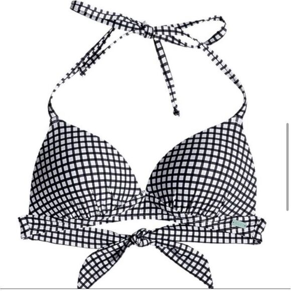 Roxy Black White Check Gingham Bikini Swim Top Excellent Condition Small Halter - Picture 4 of 10